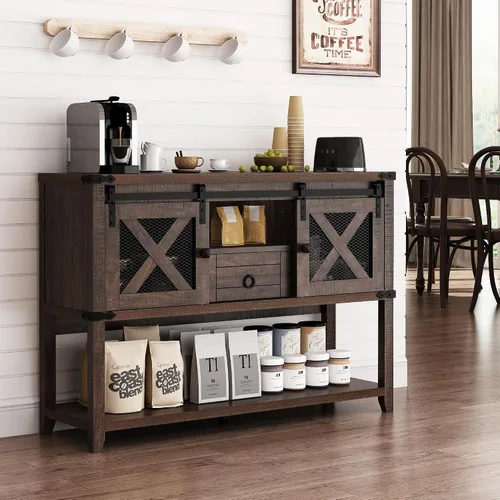 Vista 7 de Hlivelood Mesa de Entrada Estilo Granja con 2 Puertas Corredizas de Granero y Cajón, Mesa Consola Rústica de 46'' con Almacenamiento, Espacio