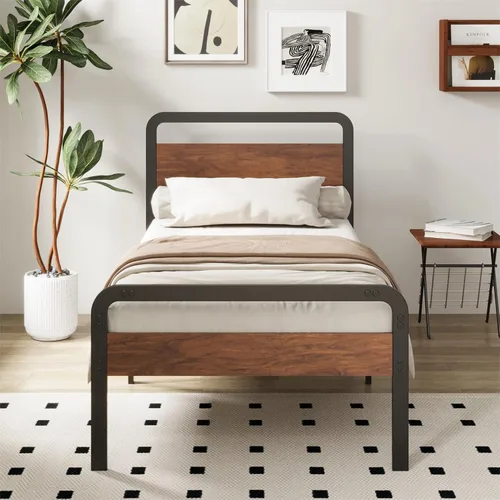Vista 8 de Richwanone Marcos de Cama Individual con Cabecera y Pie de Cama de Madera, Marco de Plataforma de Metal de 14 Pulgadas con Soporte de Listones