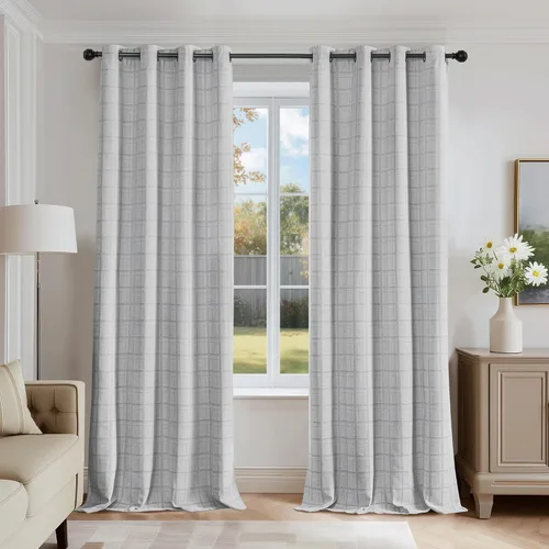 Vista 15 de Beauoop Cortinas Opacas de Jacquard a Cuadros Beige de 96 Pulgadas de Largo, 2 Paneles para Dormitorio y Sala de Estar, Cuadros Vichy