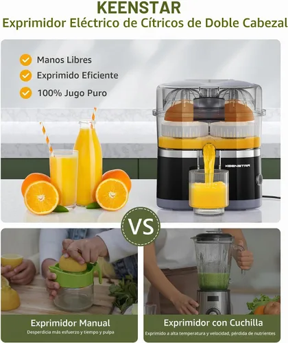 Vista 2 de KEENSTAR Exprimidor eléctrico de cítricos, exprimidor de naranja de doble cabeza, exprimidor portátil con cepillo de limpieza para limón, pomelo