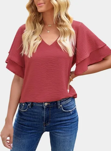 Vista 4 de SHEWIN Blusas de verano para mujer, estilo casual, cuello en V, con volantes, manga corta, holgadas