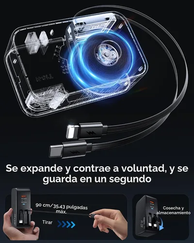 Vista 3 de Cargador de pared retráctil 4 en 1 para iPhone 17 USB C, multipuerto de ladrillo esencial de viaje, iluminación de 3 pies + cables tipo C, bloque