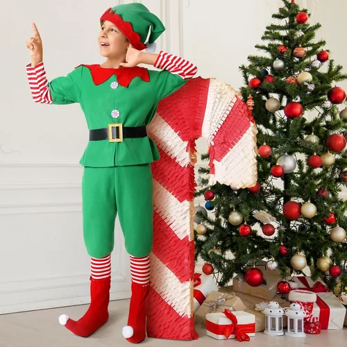 Vista 4 de Geyoga Disfraces de Navidad lindos trajes incluyen zapatos con sombrero y otros accesorios para niños cosplay (niño, L)