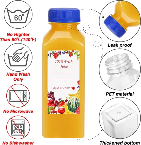 Vista 3 de SUPERLELE 10 botellas de plástico para jugo de 12 onzas con 10 tapas negras y 10 tapas azules, recipientes de jugo reutilizables con tapas