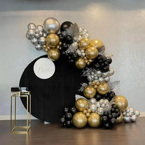 Vista 4 de Kit de arco de guirnalda de globos negros dorados plateados 144 piezas de diferentes tamaños, decoraciones para año nuevo, cumpleaños, boda