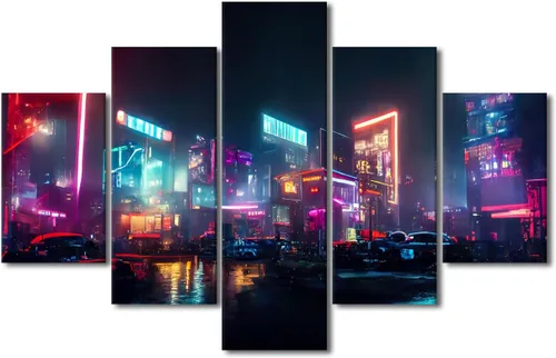 Vista 32 de Póster de 5 paneles en lienzo para decoración de pared, diseño de centro urbano Cyberpunk, impresión moderna, decoración de pared para el hogar
