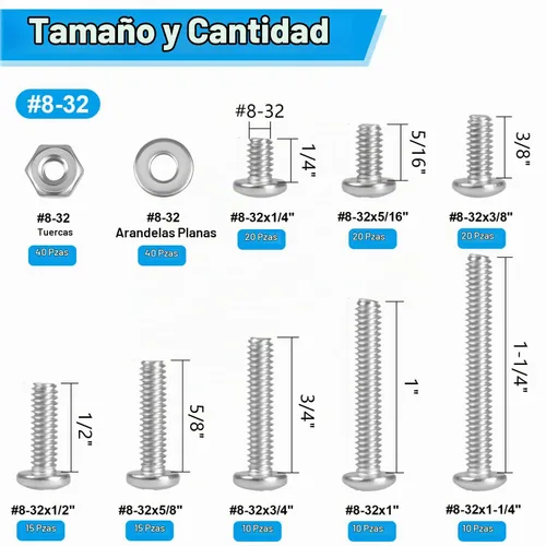 Vista 2 de Kit de 200 piezas #8-32 Phillips de cabeza plana Tornillos tuercas