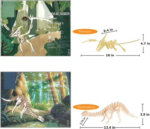 Vista 4 de Rompecabezas de dinosaurio de madera 3D, juego de 6 piezas de rompecabezas de esqueleto de dinosaurio de madera, rompecabezas 3D de manualidades