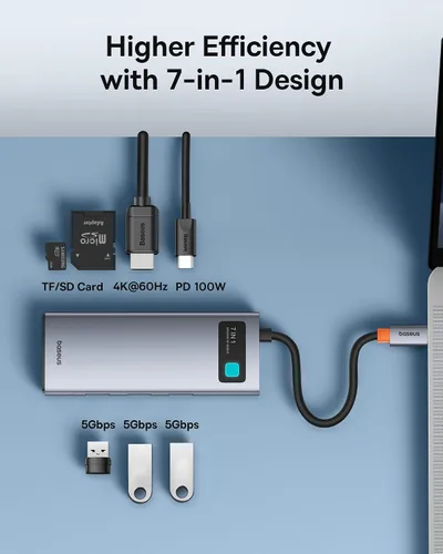 Vista 2 de Baseus Adaptador USB C a HDMI, estación de acoplamiento USB C 4K a 60Hz, concentrador USB C 7 en 1 con 3 USB-A, PD 100W, lector de tarjetas TF/SD
