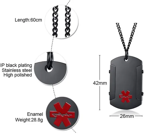 Vista 112 de VNOX Collar con colgante personalizado de acero inoxidable con grabado personalizado para identificación de alerta médica de emergencia para hombres