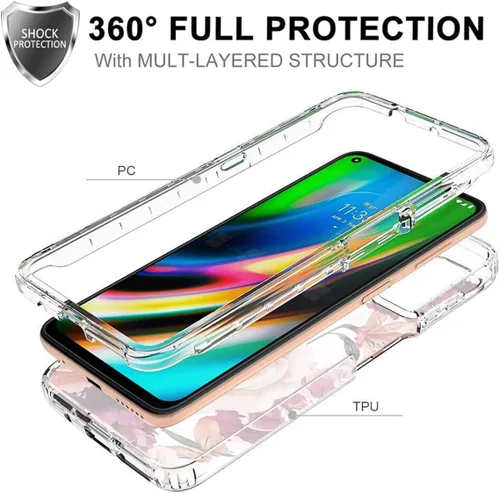 Vista 3 de Funda para Moto G9 Plus, Motorola G9+ XT2087-1 con protector de pantalla de vidrio templado, funda protectora de cuerpo completo con patrón floral