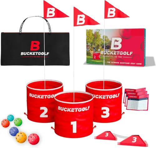 Vista 7 de bucketgolf Juego original de viaje de 3 agujeros con palos, juego de golf #1 para patio trasero y adultos y niños de todas las edades. Playa
