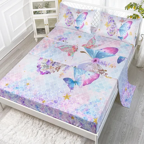 Vista 26 de Juego de sábanas de 4 piezas ajustadas y planas para niñas, estampado de mariposas y flores rosas con 1 + 2 fundas de almohada para cama individual