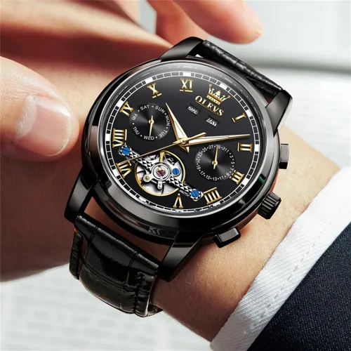 Vista 5 de OLEVS - Reloj para hombre automático de lujo con Tourbillon, cronógrafo, cara grande, calendario, de cuerda automática, relojes de pulsera