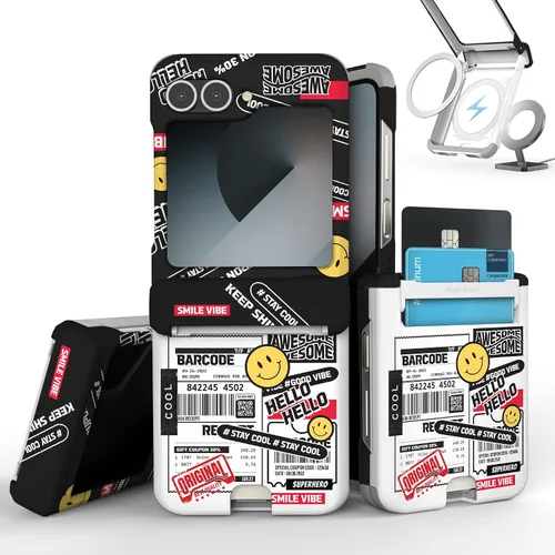 Vista 23 de para Galaxy Z Flip 5 Funda con 2 ranuras para tarjetas, funda rígida delgada y resistente con protección de bisagra, funda completa con protección