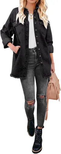 Vista 9 de Vetinee Chaqueta de mezclilla de gran tamaño con botones y dobladillo deshilachado para mujer