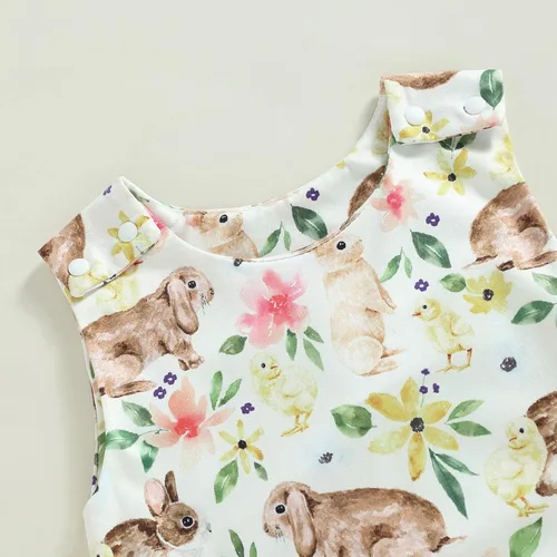 Vista 4 de Traje de Pascua para bebé, niña, niño, estampado de conejo, overol con tirantes a presión, ropa de verano