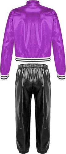 Vista 4 de YiZYiF Conjunto de ropa de baile para niños y niñas, disfraz de hip hop, jazz, chaqueta bomber metálica brillante con pantalones de cintura alta
