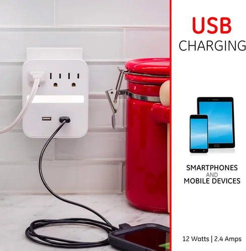 Vista 4 de GE Extensor de 3 salidas Pro de 2 puertos USB con luz nocturna, paquete de 2, protector SurGE , estación de carga, sensor del atardecer al amanecer