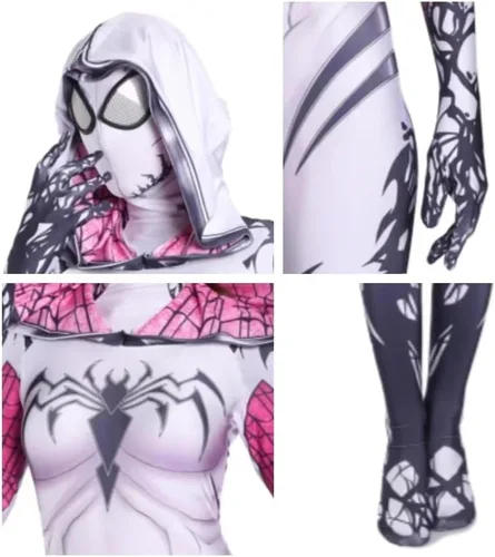 Vista 5 de LG LOUIS GARDEN Disfraz de araña para niños, estilo 3D, traje de araña blanca, overol con máscara para fiesta de Halloween, cosplay, traje para niñas