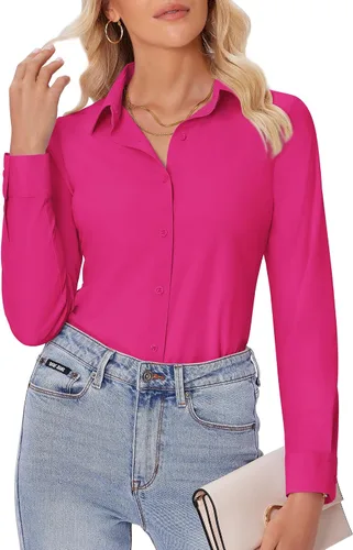 Vista 21 de siliteelon Camisas con botones para mujer, ajustadas, de manga larga, elásticas, de vestir, camisas de trabajo, sin arrugas, blusas de oficina