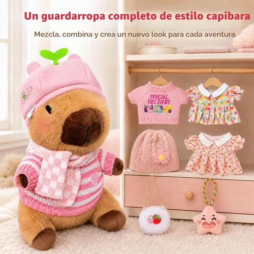 Vista 3 de Capybara - Juguete de peluche con 7 piezas de ropa y accesorios, lindo animal de peluche Capybara con trajes (marrón)