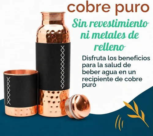Vista 2 de Kitchen Science - Botella de agua de cobre con vaso y fundas de cuero negro, 34 onzas, a prueba de fugas, probada en laboratorio
