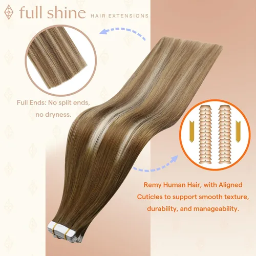 Vista 84 de Full Shine - Extensiones de cabello humano con cinta, mezcla de rubio hongo # 8 castaño ceniza resaltado 60 rubio ceniza