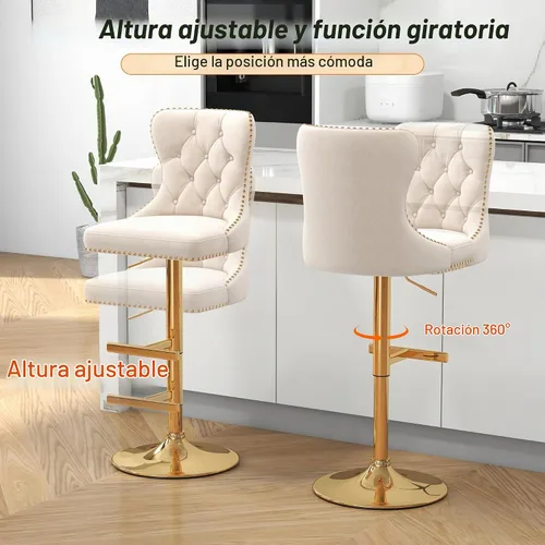 Vista 7 de Juego de 2 taburetes de bar de terciopelo con respaldo copetudo y base Base de oro beige