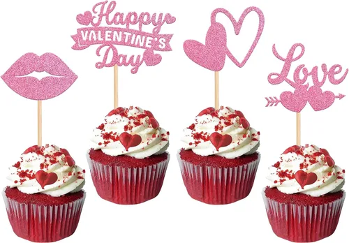 Vista 9 de Rsstarxi Paquete de 24 adornos para cupcakes para el día de San Valentín, con purpurina roja, dulce amor, para cupcakes, decoración de San Valentín