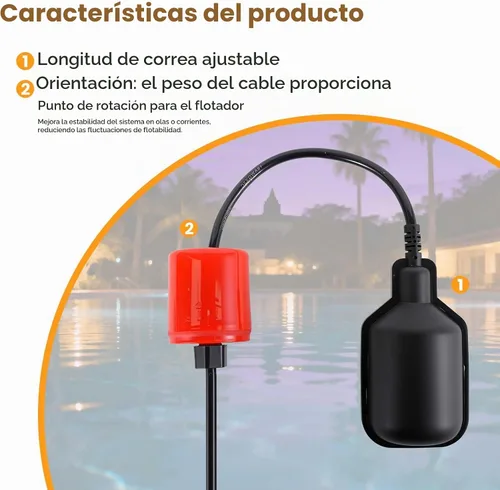 Vista 2 de Interruptor de flotador (sin enchufe), controlador automático de nivel de agua impermeable IP68, contrapeso ajustable, cable de cobre de 0.75 mm²