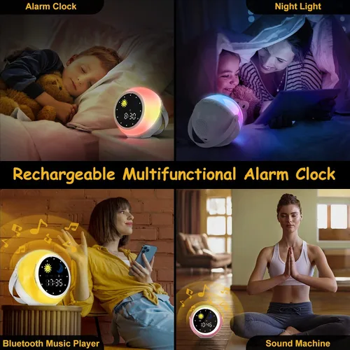 Vista 6 de Reloj despertador para niños, reproductor de música Bluetooth y reloj digital, máquina de sonido para dormir para dormitorio de niños, despertador