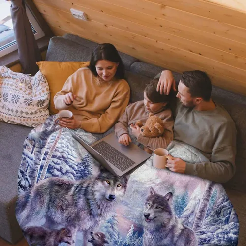 Vista 2 de KYKU Mantas y mantas de lobo rosa, manta de vellón de lobos con animales decorativos de nieve para adultos y niños, diseño de amor familiar, bonito