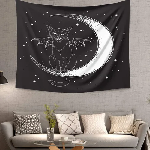 Vista 3 de DYRLHZ Tapiz blanco y negro con alas de gato en luna, espeluznante hippie espeluznante monstruo espeluznante tapiz para colgar en la pared
