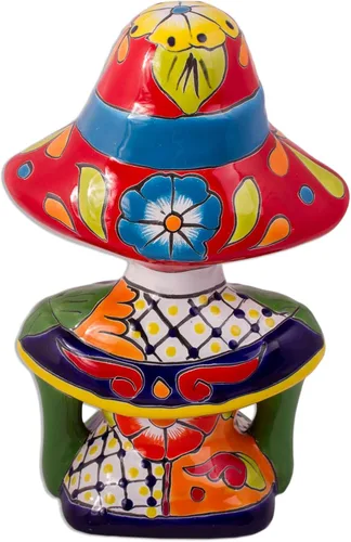Vista 2 de NOVICA Escultura artesanal de cerámica hecha a mano pintada a mano Catrina de México, multicolor Talavera, Día de los Muertos