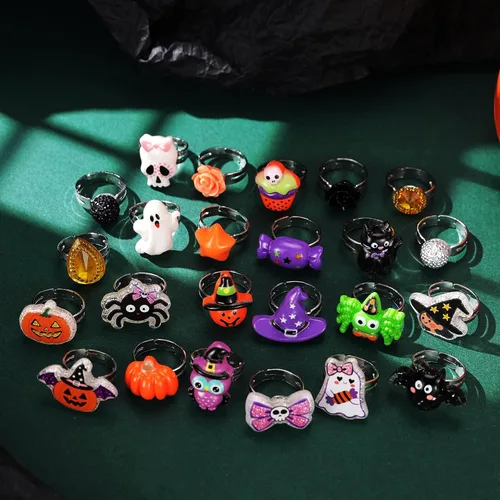 Vista 4 de PinkSheep Anillos de joyería para niña pequeña en caja, 24 encantadores Anillo de Halloween