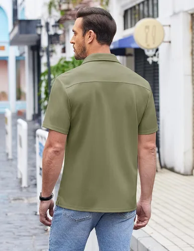 Vista 3 de COOFANDY Camisas casuales con botones para hombre, manga corta, ajuste regular, camisa de playa