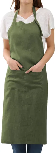 Vista 12 de Amazhiyu Delantal de cocina de lino puro con bolsillos para mujeres y hombres, cocinero, barbacoa, manualidades