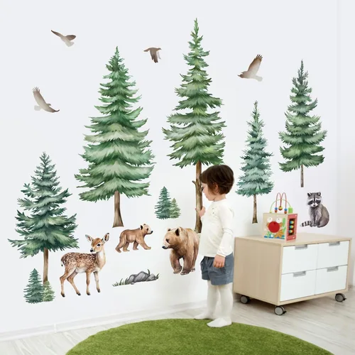 Vista 2 de decalmile Calcomanías de pared de pino grande, diseño de oso de bosque, decoración de pared para habitación de niños, habitación de niños