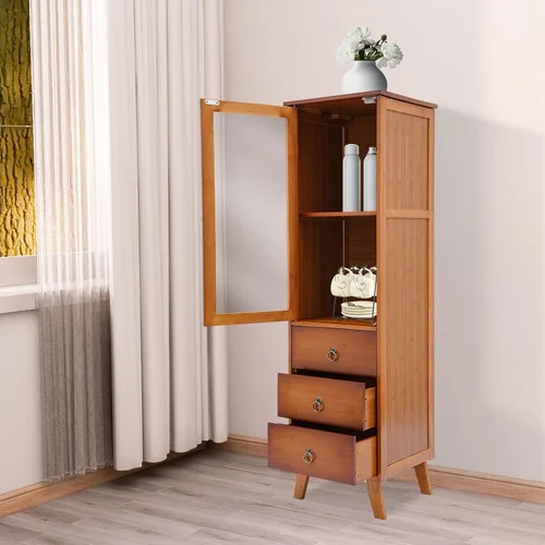 Vista 3 de Armario de almacenamiento de madera, armario con 1 puerta y 2 cajones, vitrina, organizador de almacenamiento de armario de cocina para dormitorio