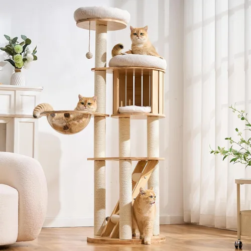 Vista 14 de Moderno árbol de madera maciza para gatos de interior de hasta 15 libras, torre para gatos de 49 pulgadas de alto con postes rascadores y rascador