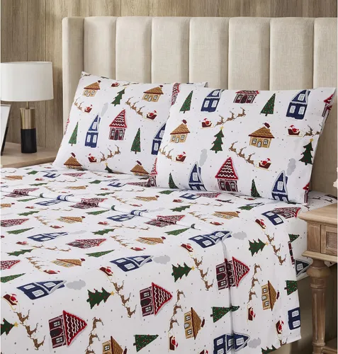 Vista 24 de Sweet Home Collection Juego de sábanas de franela de Navidad, diseño de oso y ciervo, tamaño individual, de microfibra cepillada suave con bolsillo