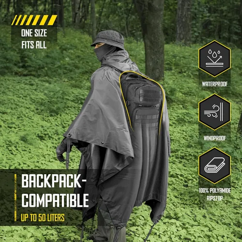 Vista 4 de M-Tac Poncho de Lluvia Táctico - Poncho Militar del Ejército Refugio - Ponchos de Lluvia Impermeables Ripstop para Acampada, Senderismo, Caza al