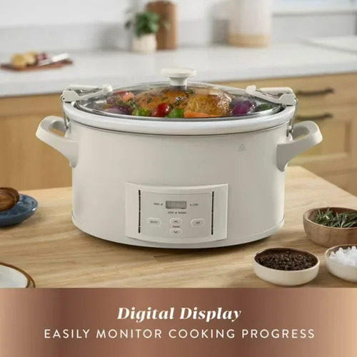 Vista 5 de Olla de cocción lenta programable de 7 cuartos de galón con tapa de bloqueo, cerámica apta para lavavajillas, calentamiento automático, cocina