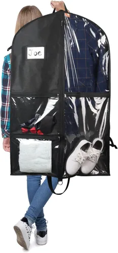 Vista 5 de Bolsas de ropa de baile negras de Zilink, bolsa de ropa de 40 pulgadas para competiciones de baile con 5 bolsillos transparentes con cremallera
