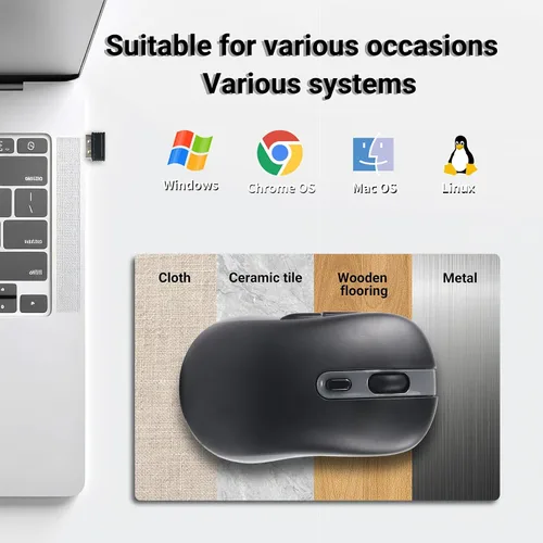 Vista 5 de Ratón inalámbrico, 3 modos Bluetooth 5.0 y 4.0, 2.4G, recargable, ergonómico, con 6 botones, para laptop, PC, Mac, iPad Pro, computadora (negro)