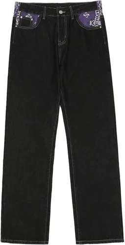 Vista 2 de Jeans bordados con bolsillo para hombre, estilo hip-hop, sueltos, rectos, ropa de calle, monopatín, pantalones holgados, color negro, 4 unidades, M