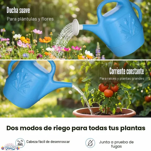 Vista 2 de PMU Regadera de 2 galones, regadera de jardín para plantas de interior y exterior, lata de agua de plástico con cabezal de rociador desmontable Azul