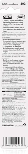 Vista 2 de GUM Crayola Cepillo de dientes con temporizador manual para niños, cerdas suaves con base de ventosa, para niños y bebés, 1 unidad (edades 3+)