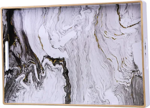 Vista 16 de Bandeja decorativa, bandeja de plástico de mármol con asas, bandeja rectangular de tocador y bandeja para servir para baño, cocina, otomana y mesa
